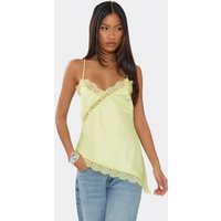Strappy Lace Trim Asymmetric Hem Top In Yellow Satin, Women's Size