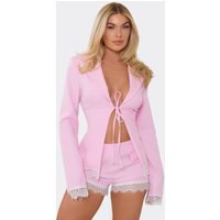 Long Sleeve Tie Front Lace Trim Top In Pink, Women's Size