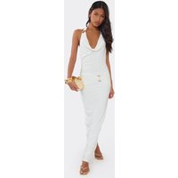 Cowl Front Halterneck Trim Detail Maxi Dress In White, Women's Size
