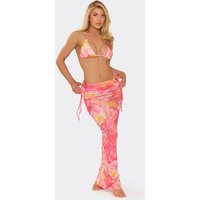 Low Waist Ruched Side Beach Maxi Skirt In Pink Multi Floral Print, Women's Size