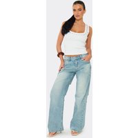 Mid Rise Wide Leg Distressed Ripped Jeans In Light Blue Wash Denim, Women's Size