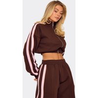 Long Sleeve Contrast Stripe Essential Graphic Zip Up Jacket In Brown, Women's Size