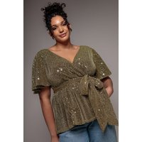 Lurex Flutter Sleeve Wrap Top - Gold by Goddiva Plus