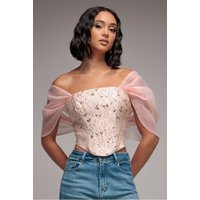 Off Shoulder Jacquard Top With Organza Wings - Blush Pink by Goddiva