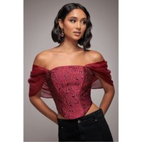 Off Shoulder Jacquard Top With Organza Wings - Burgundy Red by Goddiva
