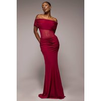 Gathered Off The Shoulder Mesh Waist Panel Maxi Dress, Wine