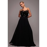Feather Off The Shoulder Pleated Evening Maxi Dress, Black