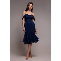 Chiffon Cowl Off Shoulder Wing Tiered Midi Dress, Navy