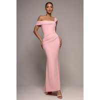 Off The Shoulder Pleated Waist Maxi Dress, Light Pink