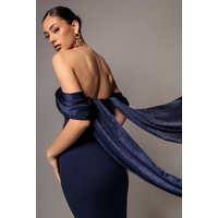 Off Shoulder Velvet Satin Wing Cape Maxi Dress, Navy