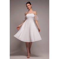 Scuba & Polka Mesh Off The Shoulder Midi Dress, White