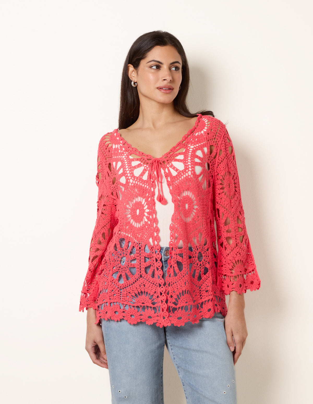 Long-Sleeved Crochet Cardigan - SM CORAL