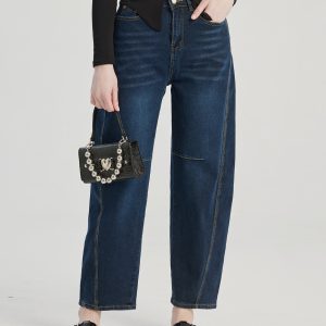 Dark Blue Jeans With Stitching Detail Spring Bottom For Women 2025