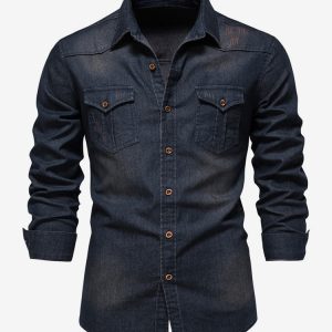 Men's Denim Shirt Casual Solid Color Long-Sleeved Slim Fit Shirt